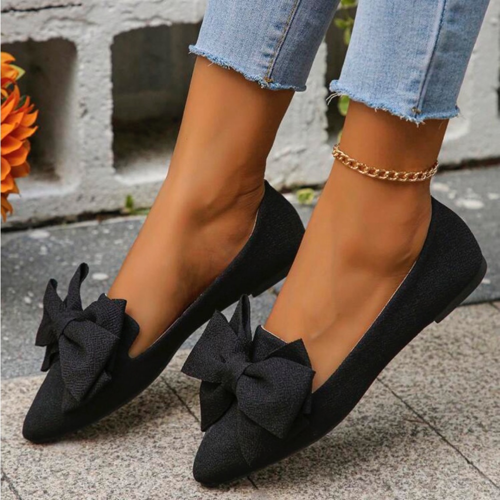 Women's Sweet Bowknot Autumn Shoes, Slip-on Black Flat Shoes With Pointed Toe - Picture 2 of 4